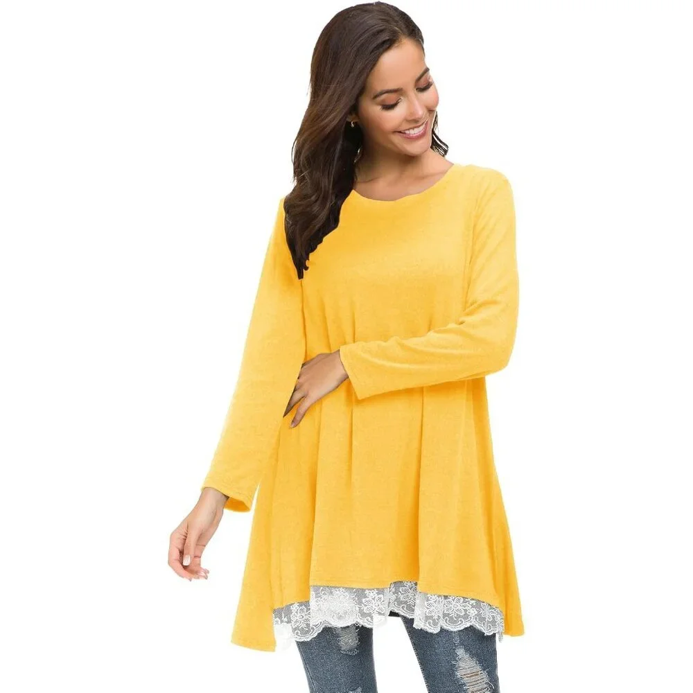 Women Lace Long Sleeve A-line Swing T-Shirt Casual Tunic Top Dress - Picture 6 of 7